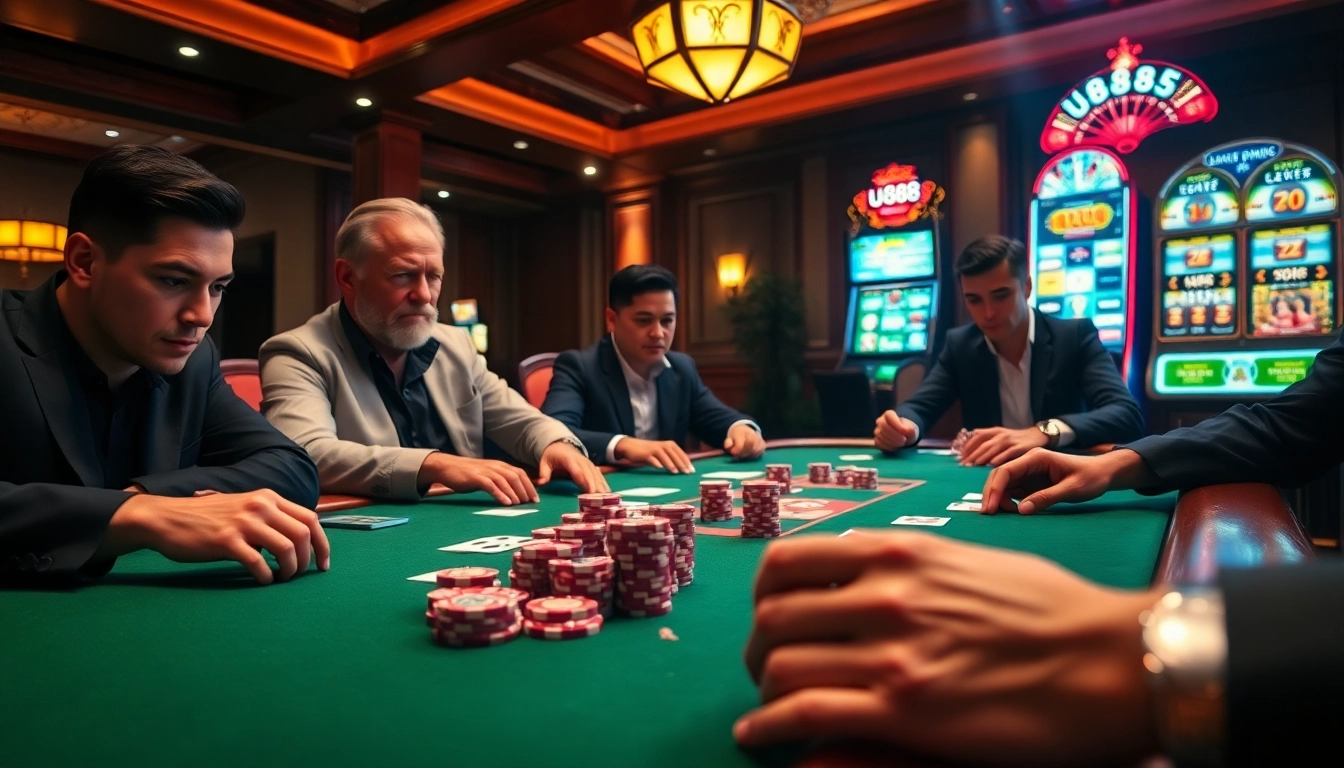 Engage with u888's exciting poker scene featuring players and high-quality chips and cards.