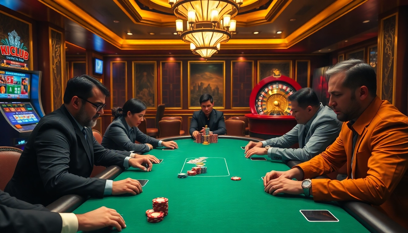 Engage in a high-stakes poker game at HITCLUB casino with vibrant chips and excitement.