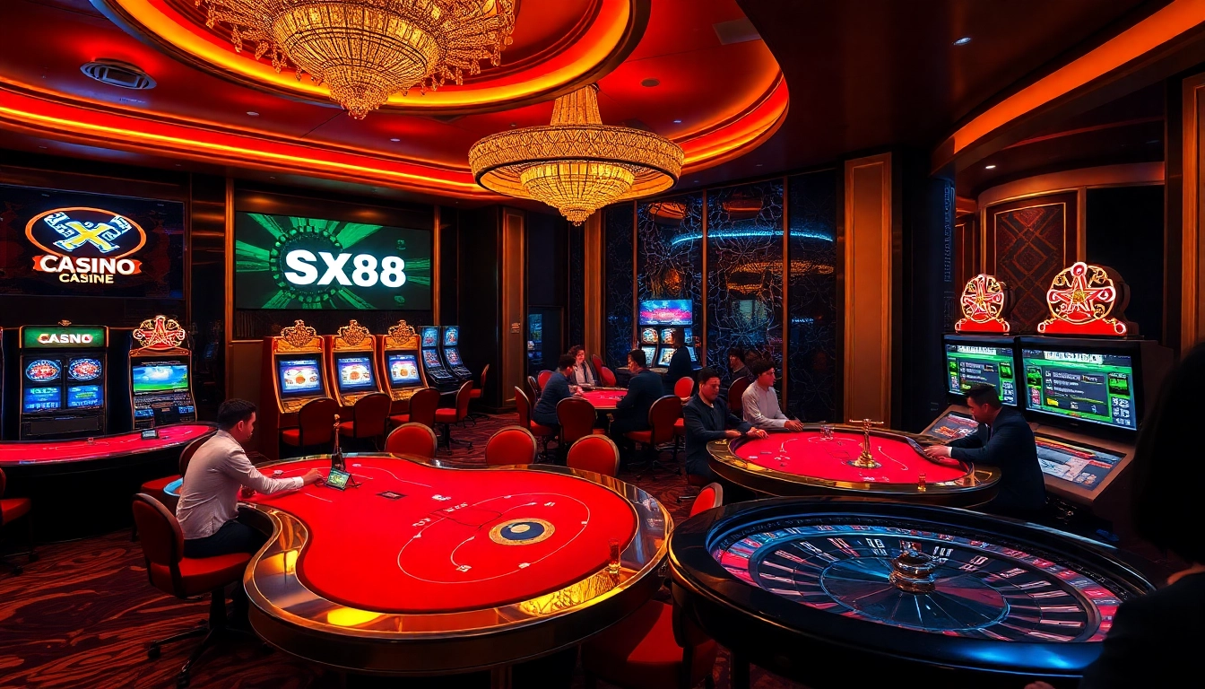 SX88 showcases thrilling casino gaming with vibrant tables and elegant slot machines.
