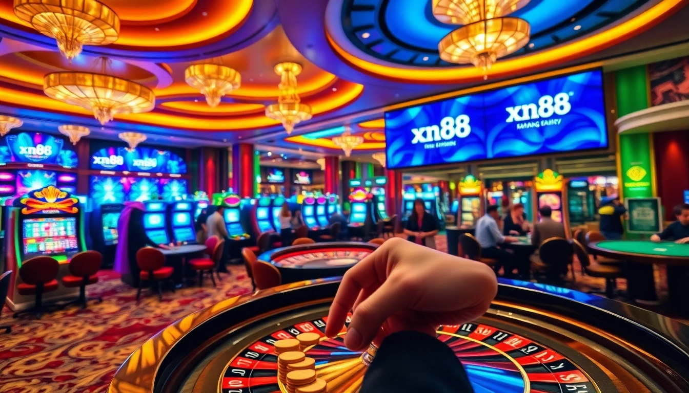 Engage with xn88 đăng nhập amidst a vibrant casino scene filled with dynamic gaming action.