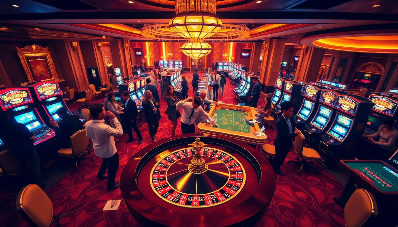 Players enjoying casino games at 33win, featuring roulette, poker chips, and vibrant slot machines.