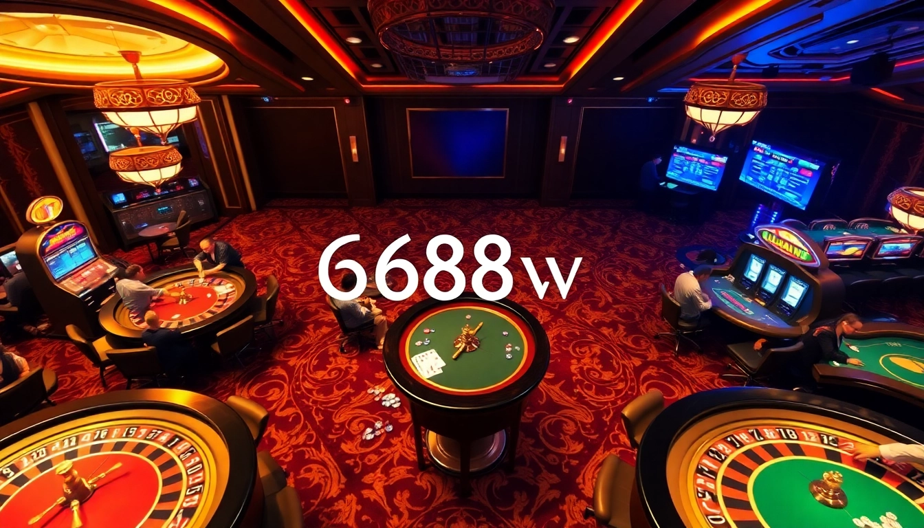 Exciting gambling scene featuring 688v logo with roulette tables and slot machines.