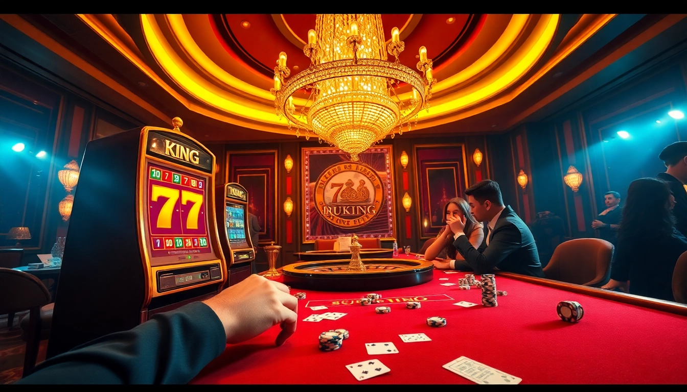 Experience thrilling games at 79king with players at a luxurious casino table and vibrant slot machines.