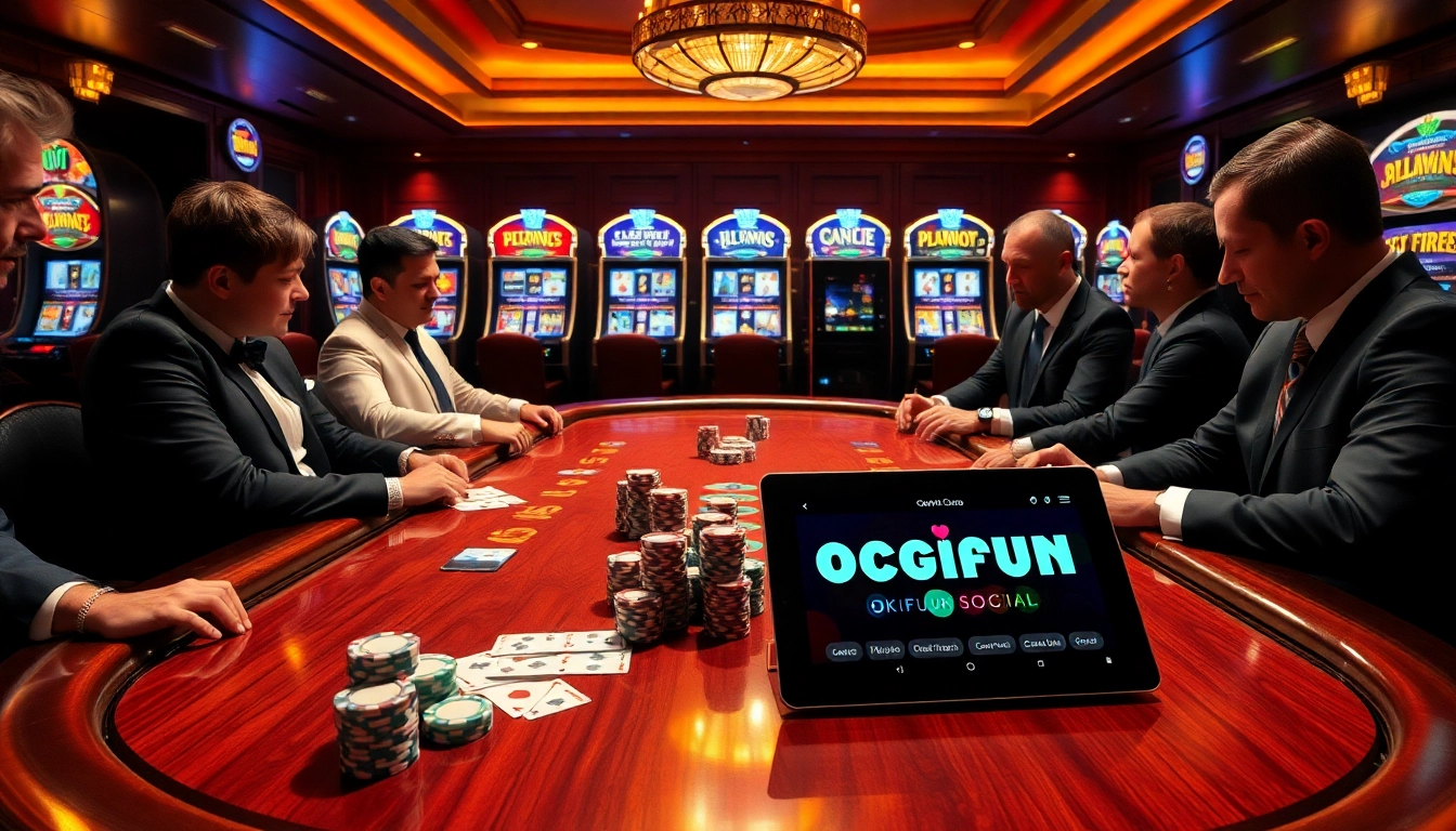 Players enjoying high-stakes poker at a luxurious casino scene, inspired by okfun.social.
