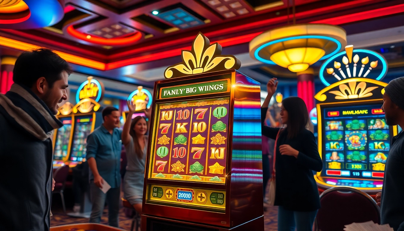 Players celebrating a Nổ hũ win at vibrant slot machines in a luxurious casino.