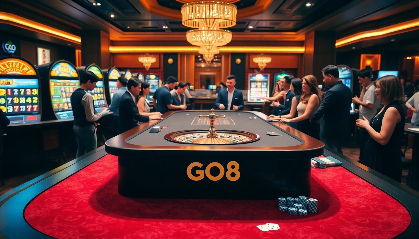 Players enjoying a luxurious GO8 casino experience with vibrant slot machines and poker games.