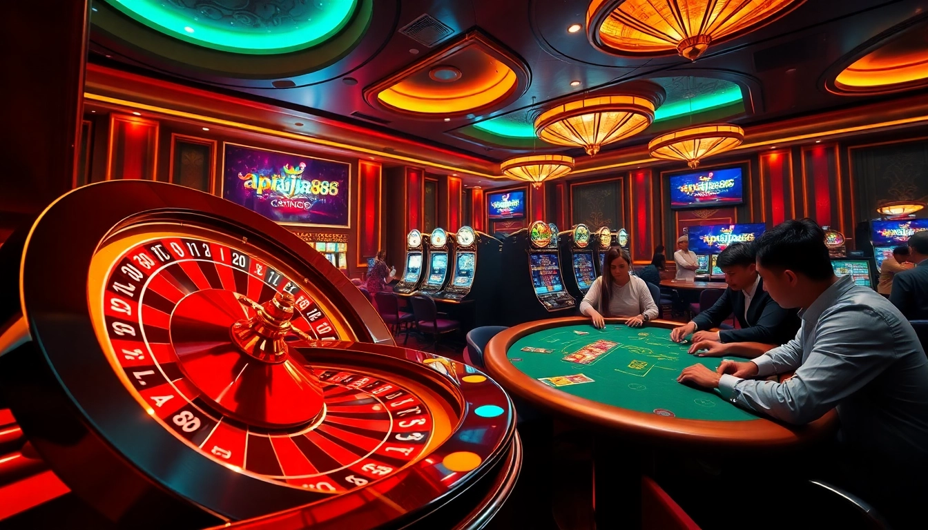 Players celebrating wins at apiraja88 while enjoying vibrant slot machines and a roulette wheel.
