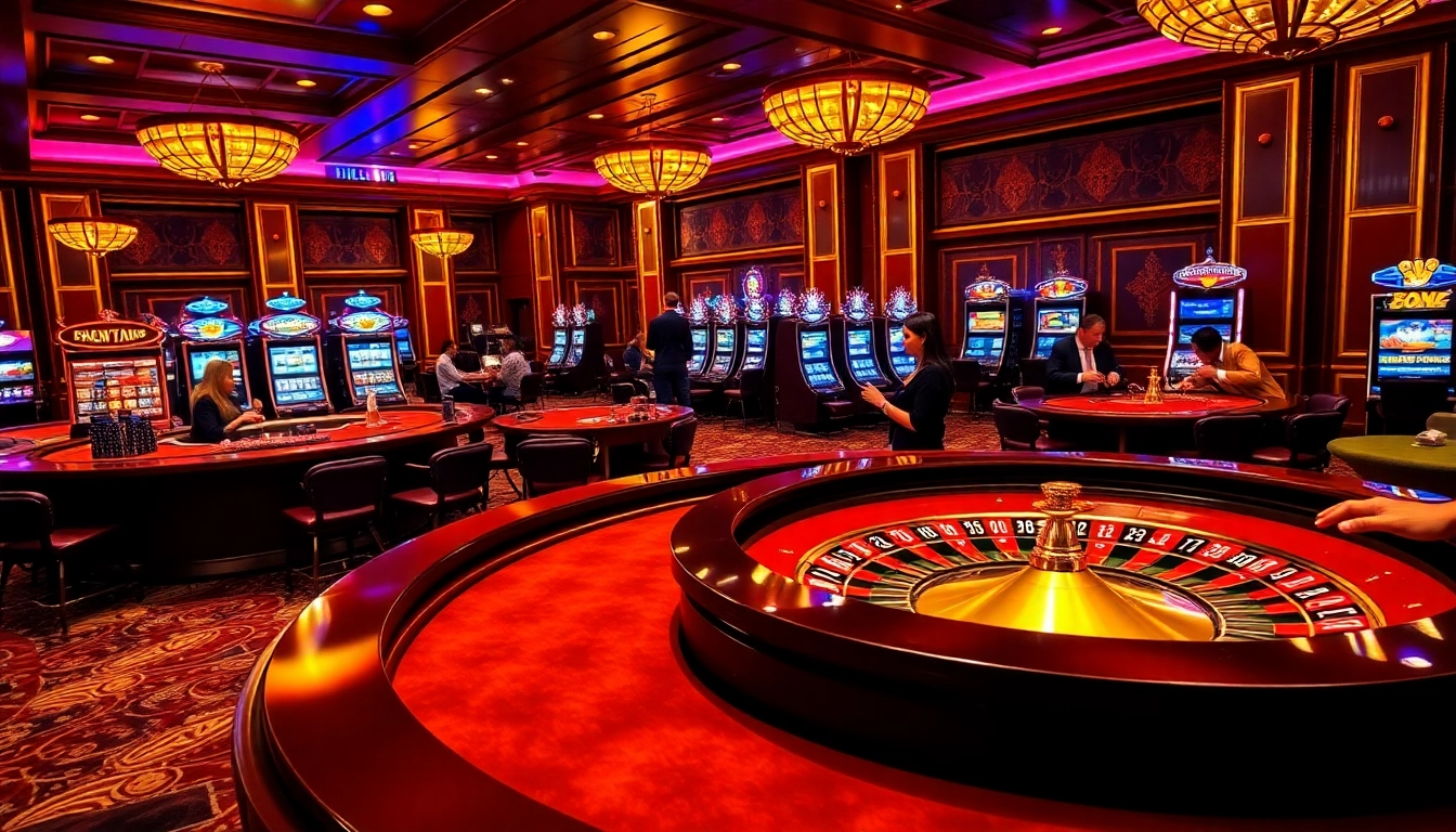 Experience the thrill of gambling at nohuvina.com with a luxurious casino atmosphere featuring roulette and slot machines.