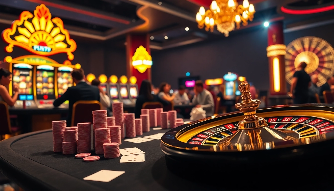Exciting gaming action at fun79 casino with poker chips and slot machines glowing.