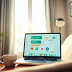 WhatsApp 网页版在现代工作区的笔记本屏幕上展示，突出显示快连官网的功能。