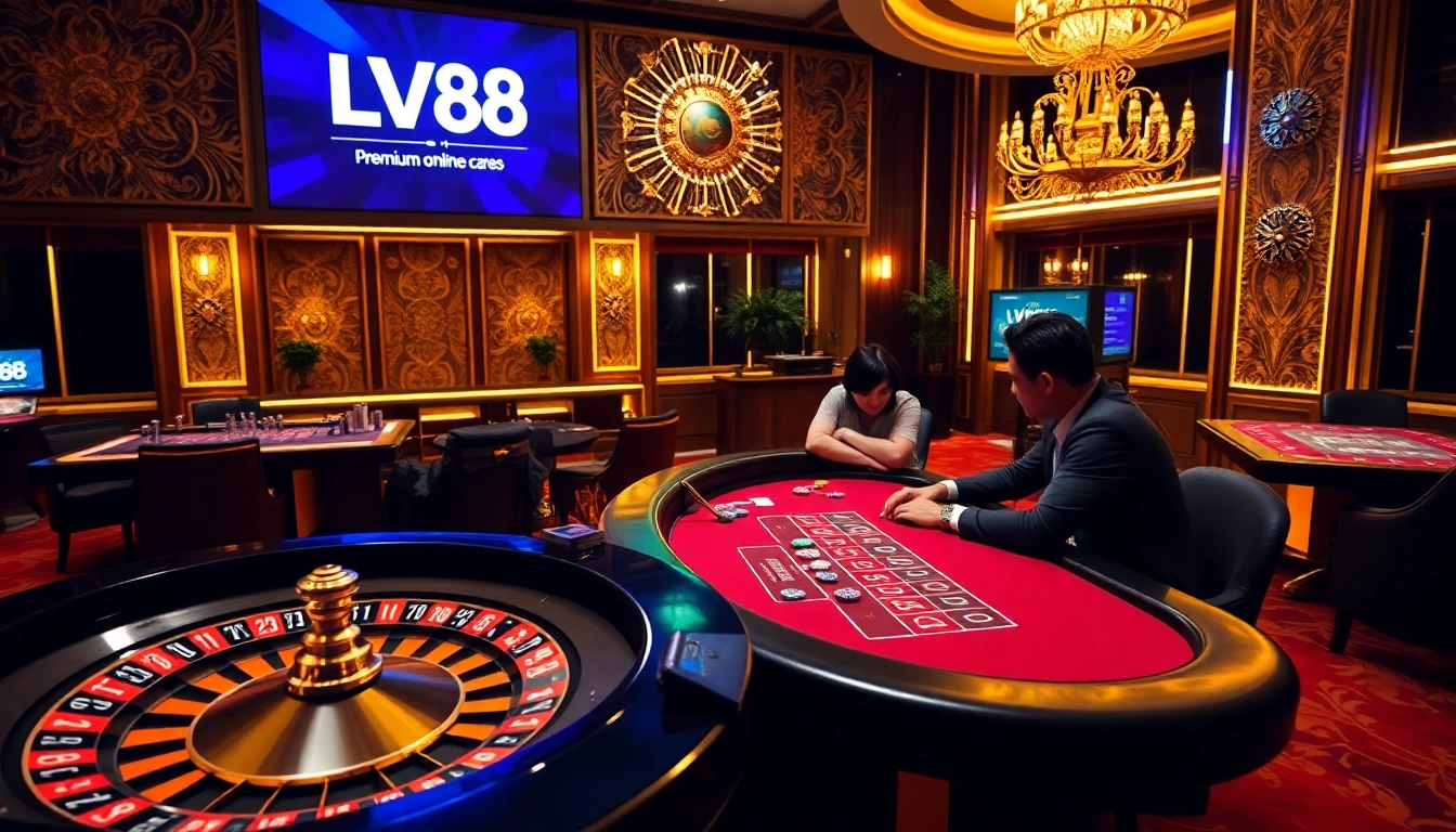 Players enjoying an exciting casino experience featuring LV88 branding, high-stakes tables, and vibrant decor.