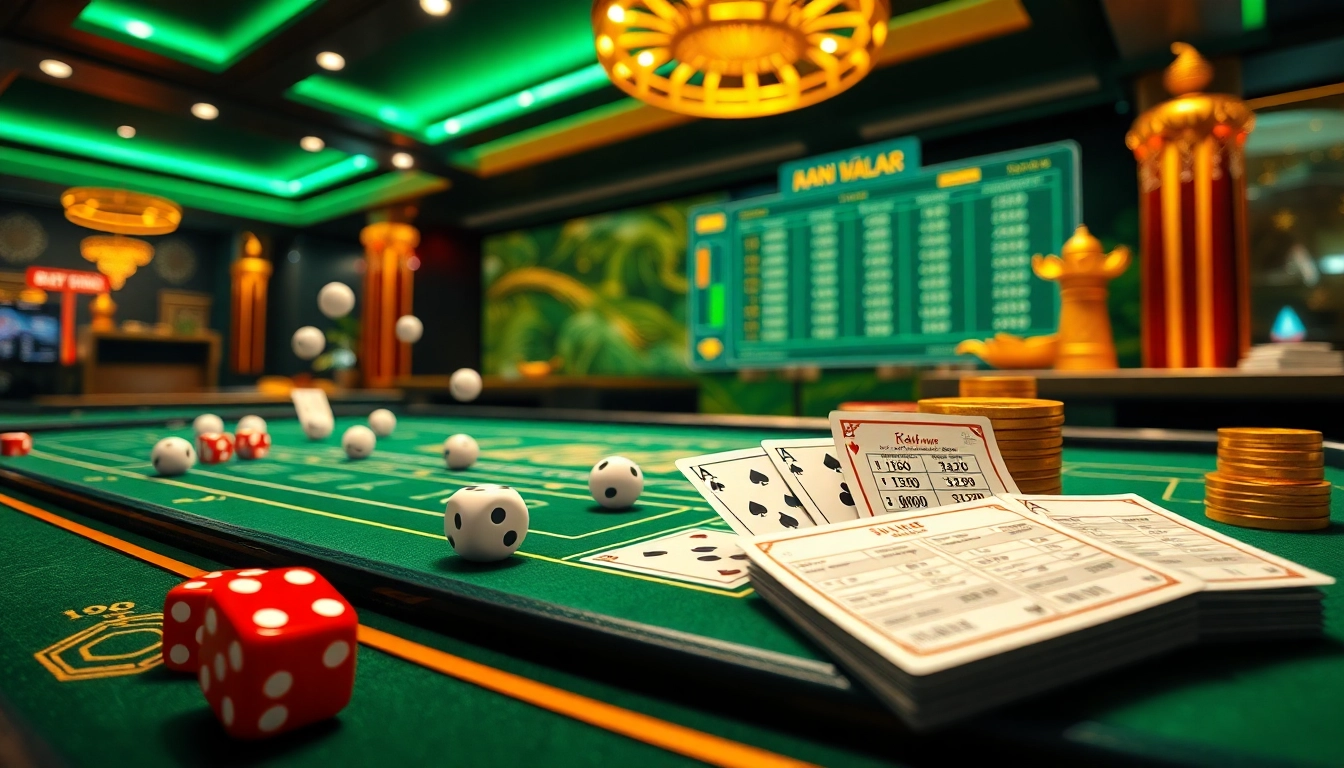 Tài xỉu online action with vibrant visuals of virtual dice and betting slips in a luxurious casino setting.