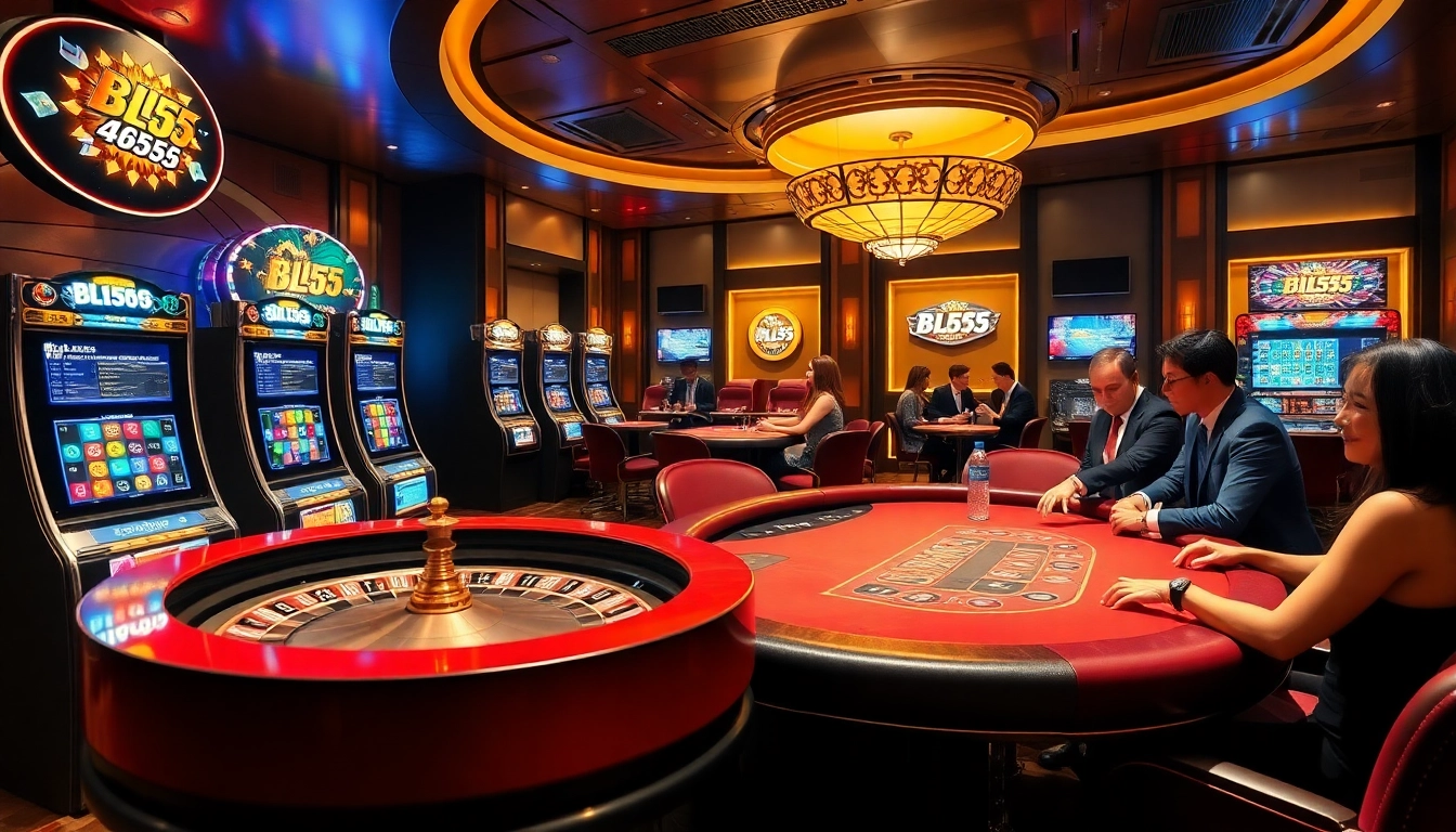 BL555 online casino showcasing vibrant slot machines and an elegant roulette wheel.