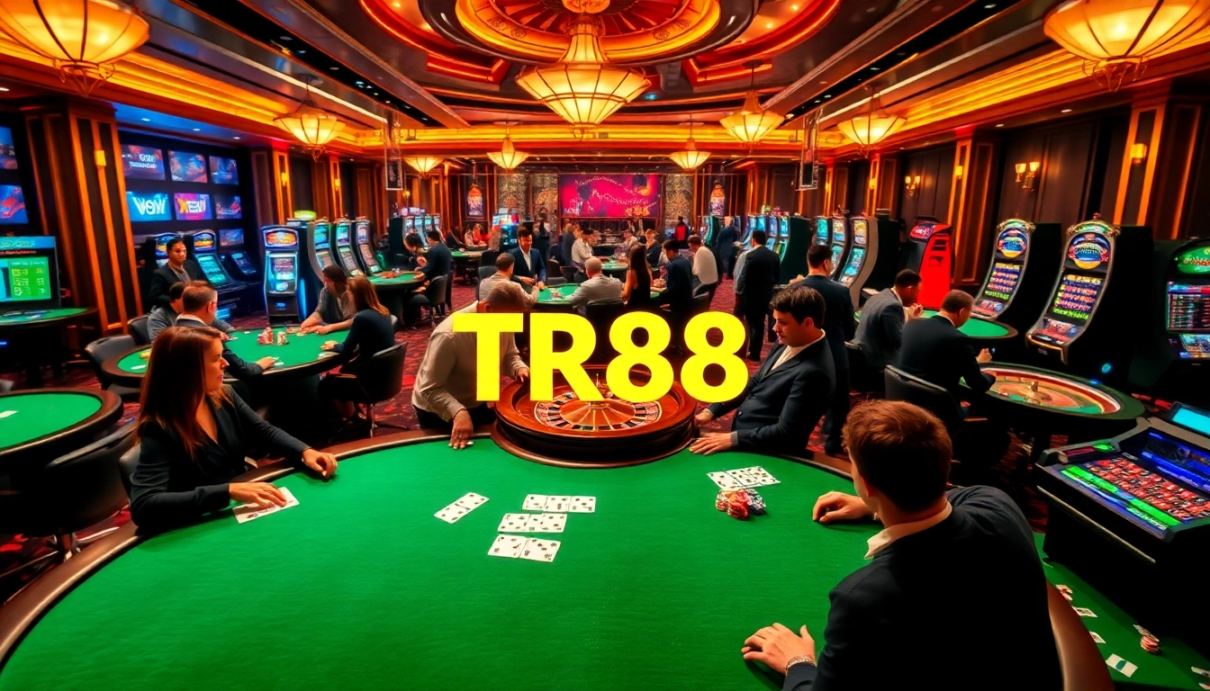 Players enjoying an exciting game at TR88's online casino, with vibrant tables and beautiful decor.