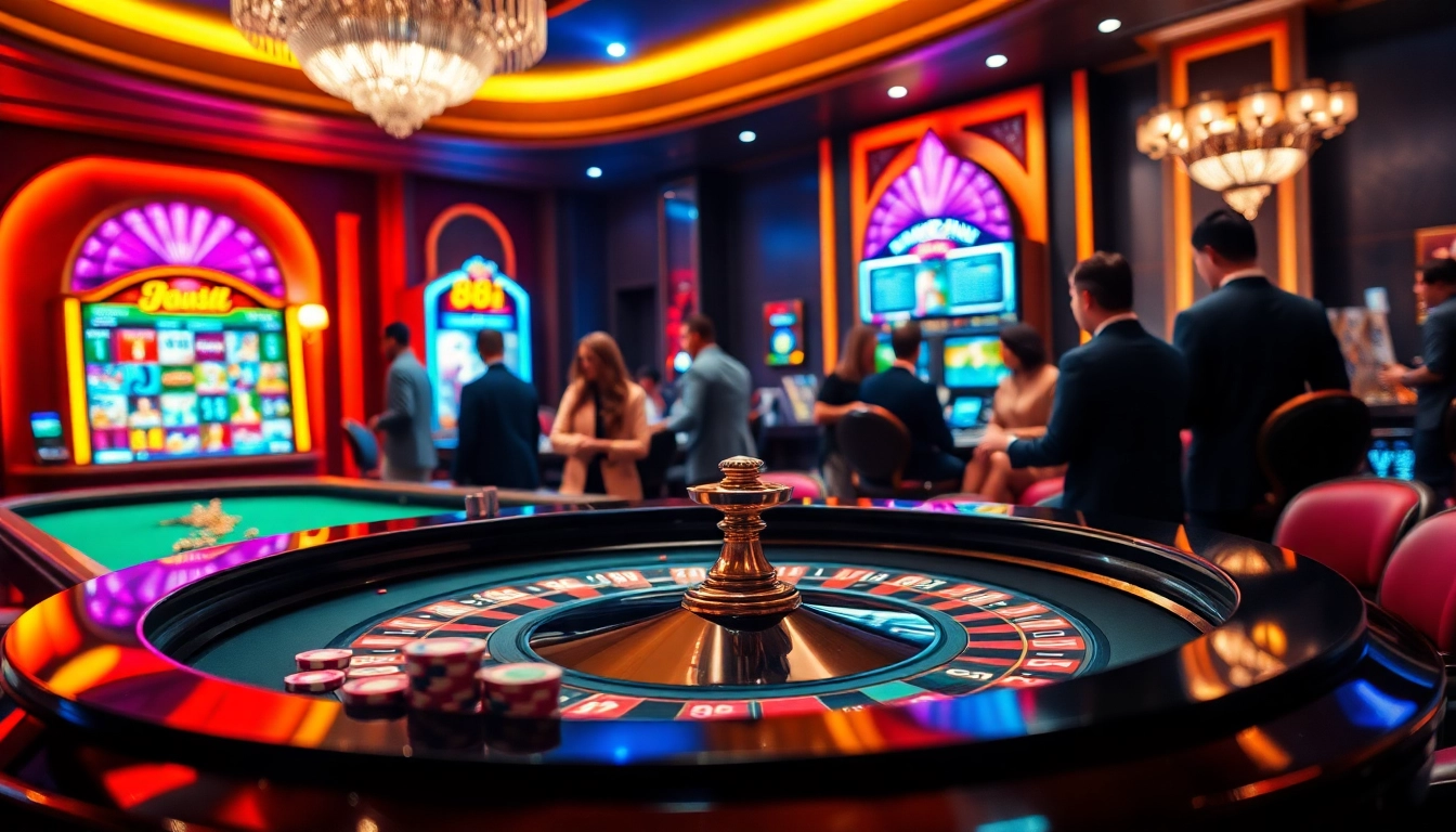 Players enjoying a thrilling game at a luxurious 88i casino, with vibrant roulette and slot machines.