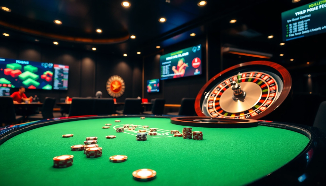 A vibrant casino scene showcasing engaging online gambling activities at http://8kbetok.com/ with poker tables and roulette wheels.