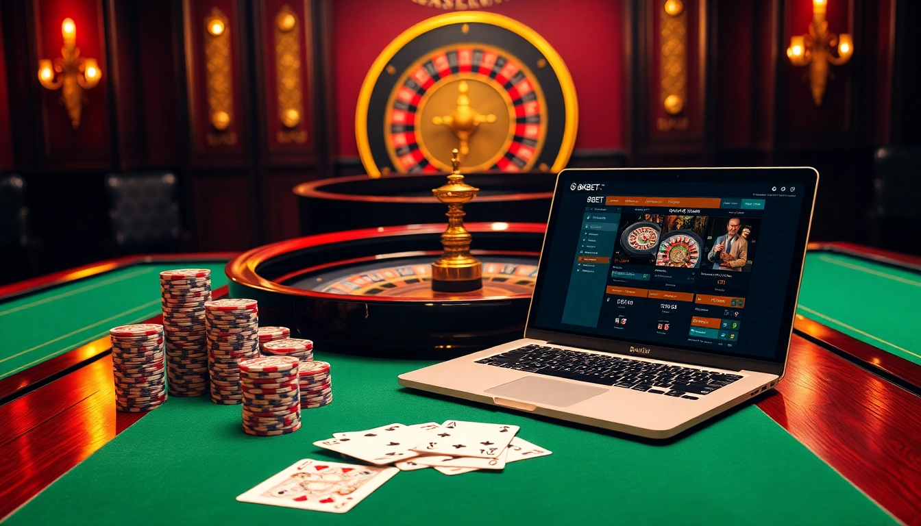 Experience thrilling online gambling at 8KBET with luxury casino elements and vibrant atmosphere.