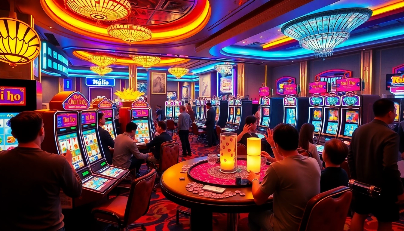 Nổ hũ slot machines creating excitement in a modern casino setting with colorful displays.