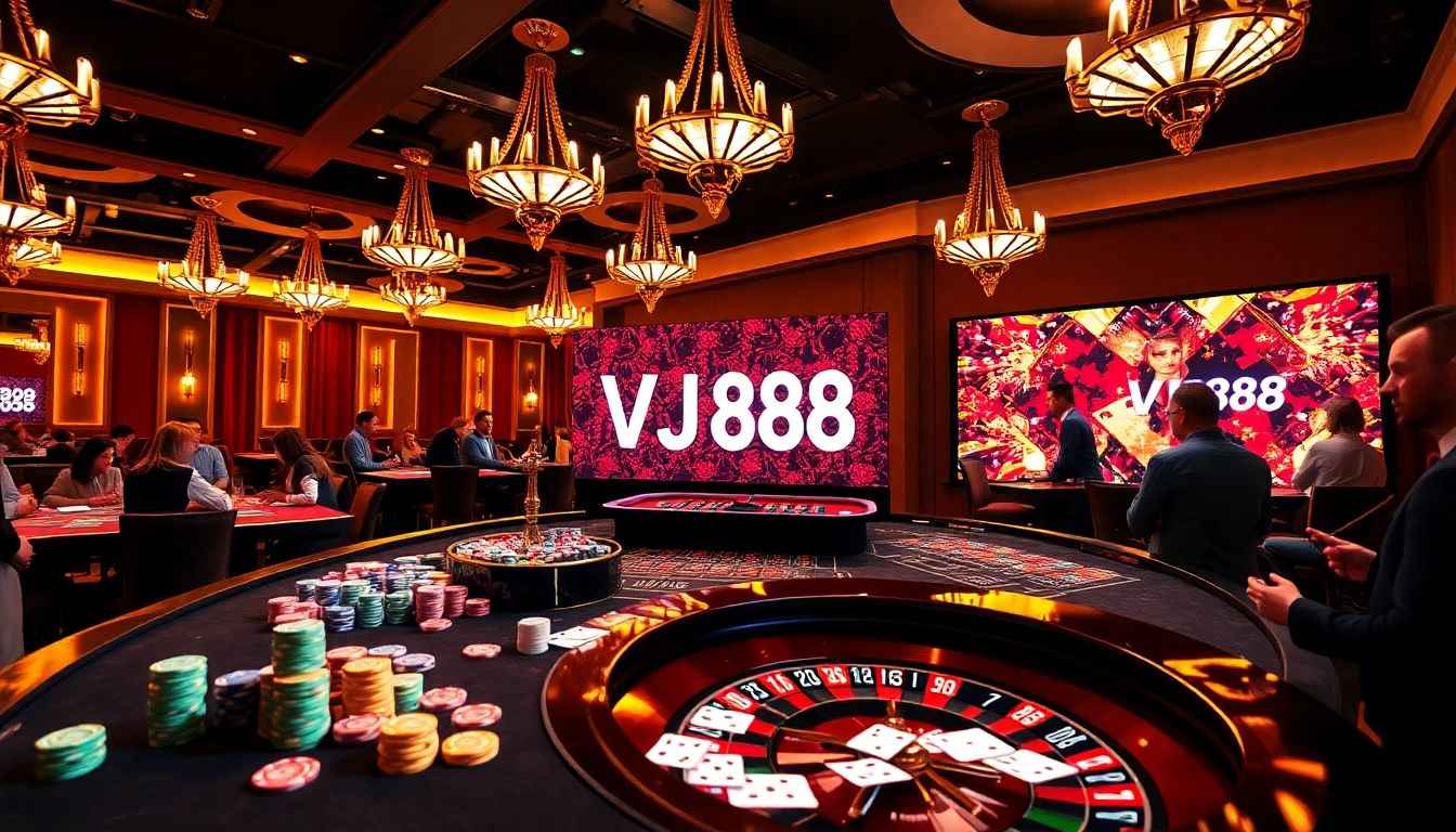 VJ88 casino scene showcasing vibrant poker chips and roulette wheel amid excitement.