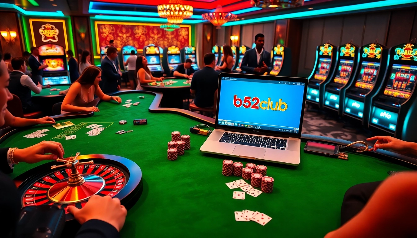 Experience the excitement at b52club with vibrant casino scenes filled with poker tables and slot machines.
