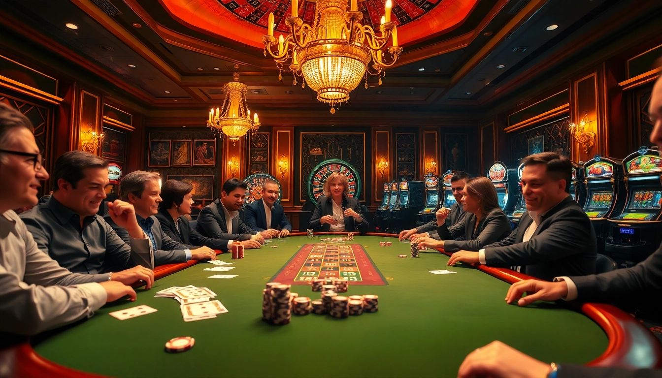 PHSKY players excitedly engage at a poker table, illustrating thrilling casino action and strategy.