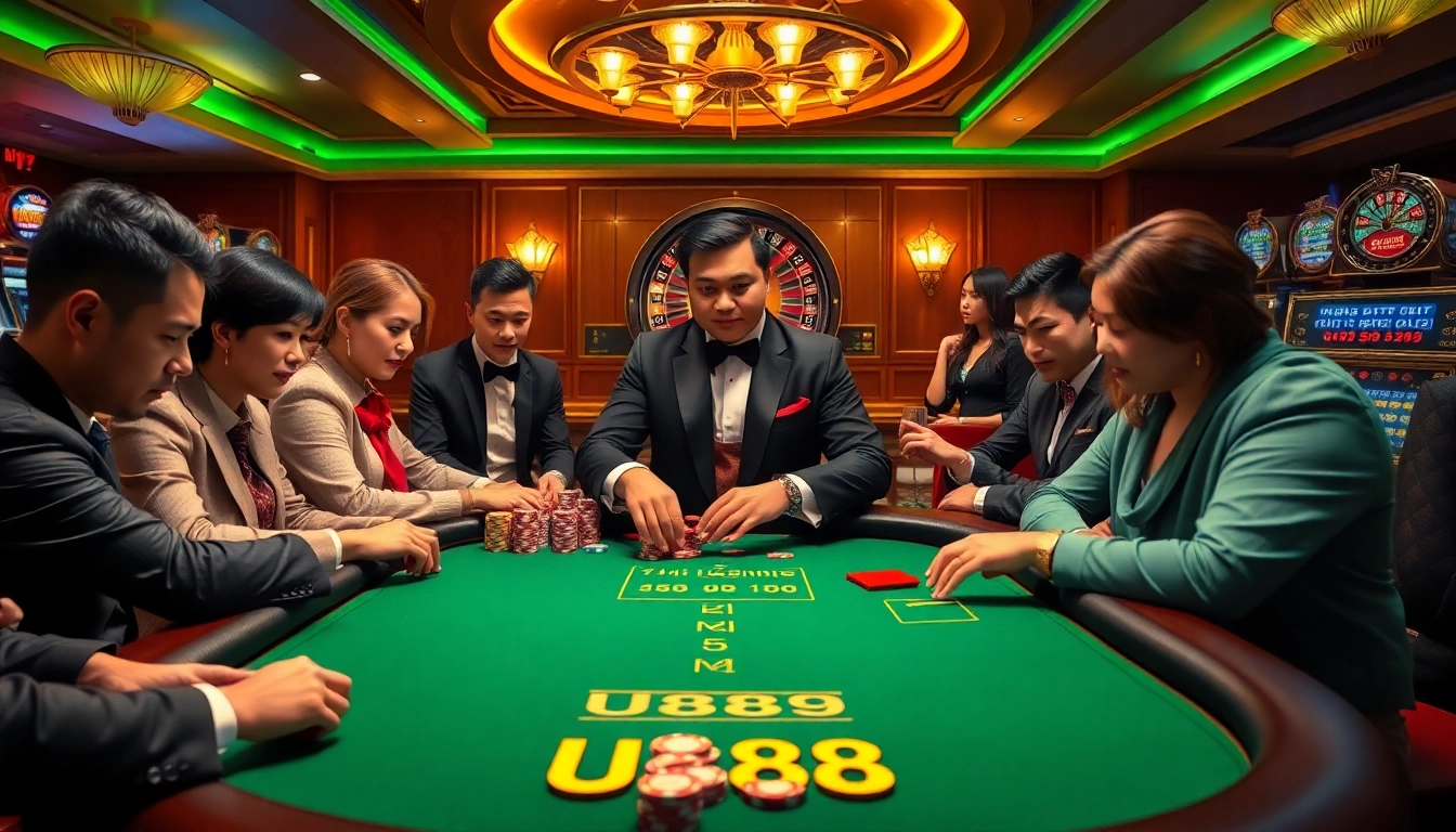 Visualizing an exciting gambling atmosphere at nhà cái U888 with poker, roulette, and vibrant casino elements.