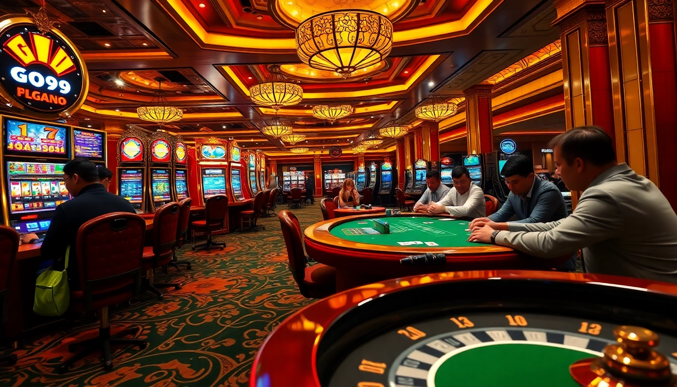 Exciting GO99 casino scene with players enjoying poker and slot machines in vibrant colors.