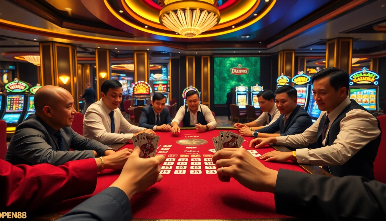 Exciting poker gameplay with OPEN88 cards in a luxurious casino setting.