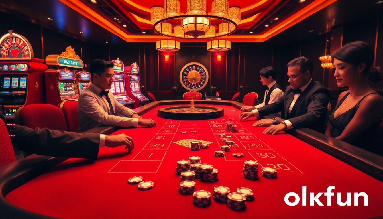 Experience thrilling baccarat action at OKFUN casino with vibrant chips and professional dealers.