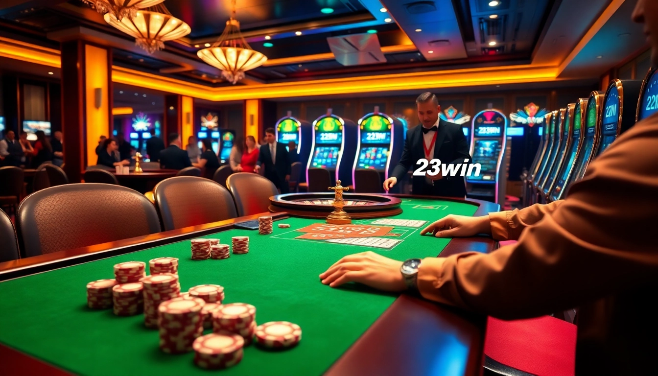 Experience the excitement of 23win at a luxurious casino gaming table filled with vibrant poker chips and slot machines.