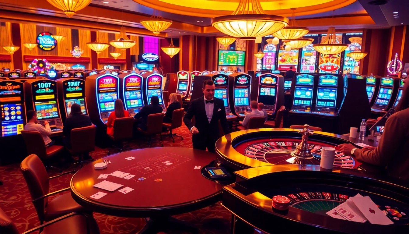 Exciting casino scene featuring Luckywin-themed poker chips and colorful slot machines.