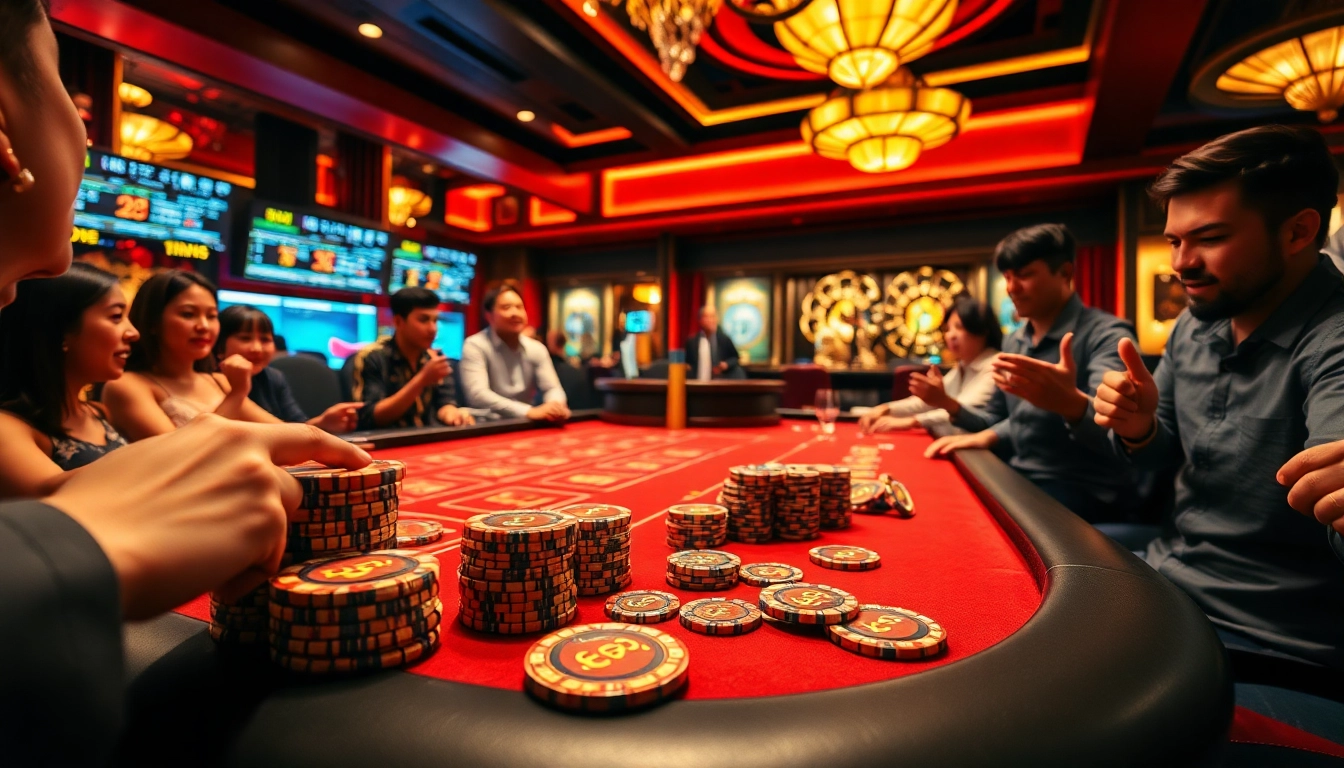 Xóc đĩa players engaging in a lively game at a luxurious casino table
