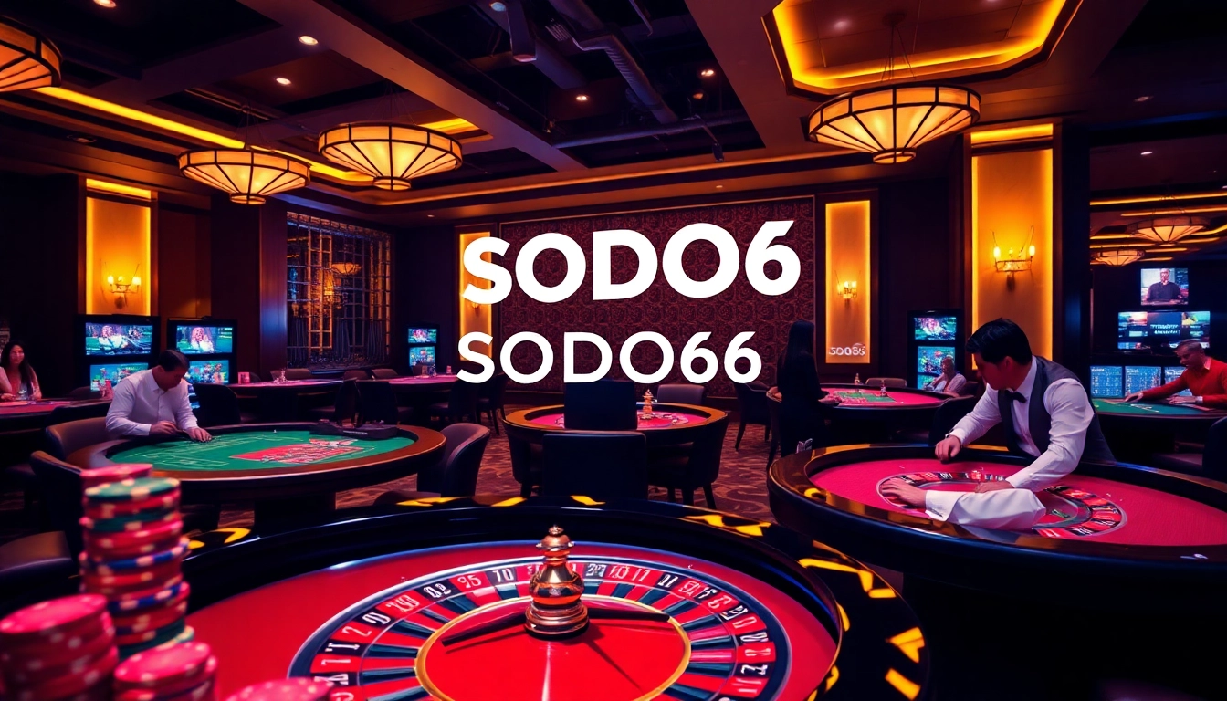 SODO66 players enjoying a vibrant online casino experience with poker chips and roulette wheels.