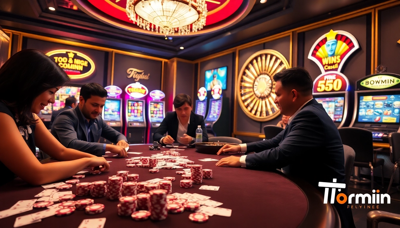 The ultimate gaming experience at Tải Bomwin showcases exhilarating casino tables with vibrant chips and cards, inviting players into the excitement.