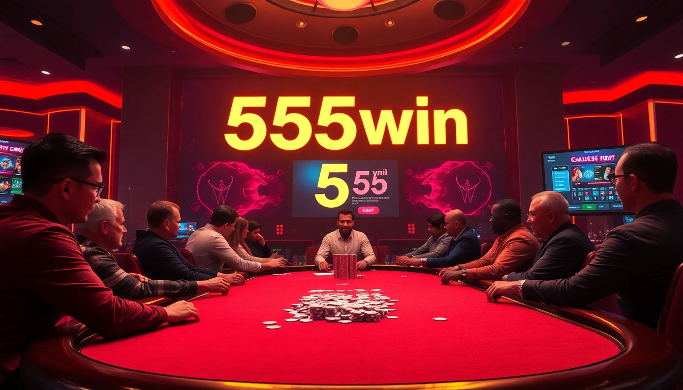 Experience the excitement of 555win with a lively poker game at a luxurious casino table.