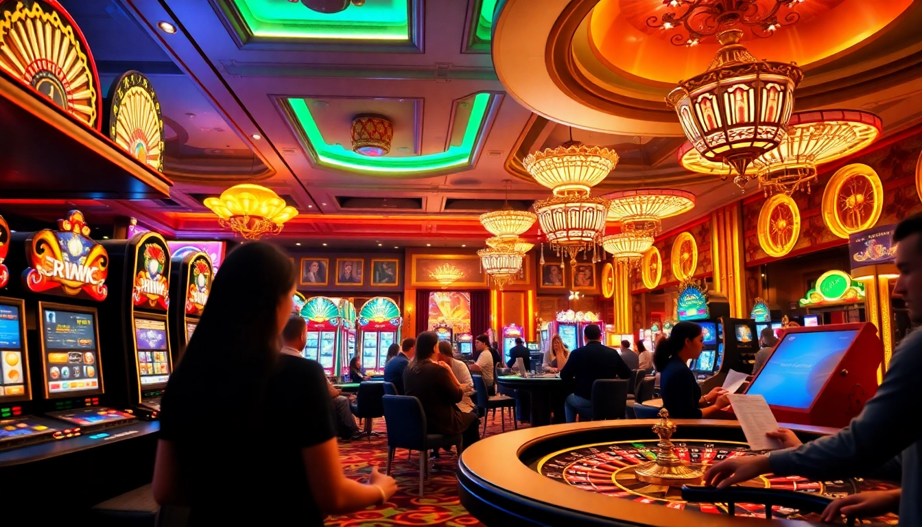 Players enjoying vibrant casino games, showcasing mmoo88.us.com's thrilling atmosphere and luxury.