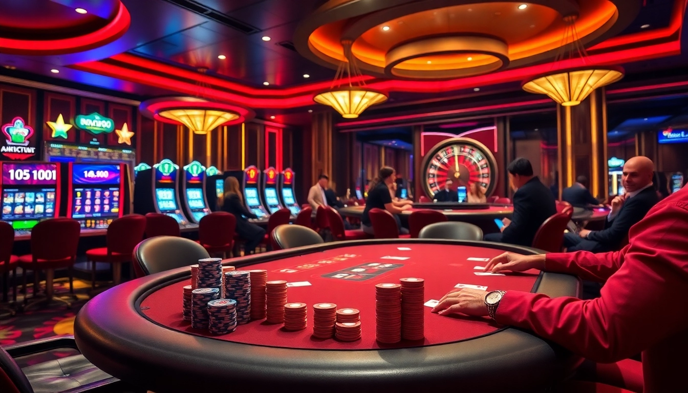 High-stakes poker game at a luxurious casino related to nohu90, featuring vibrant slot machines and engaged players.