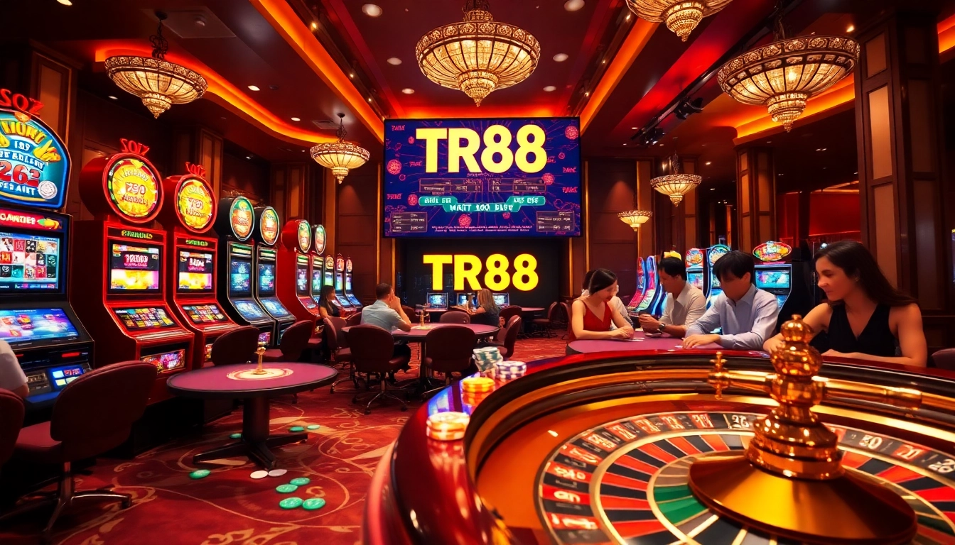 Experience TR88 excitement at a lively casino with players at poker and slot machines.