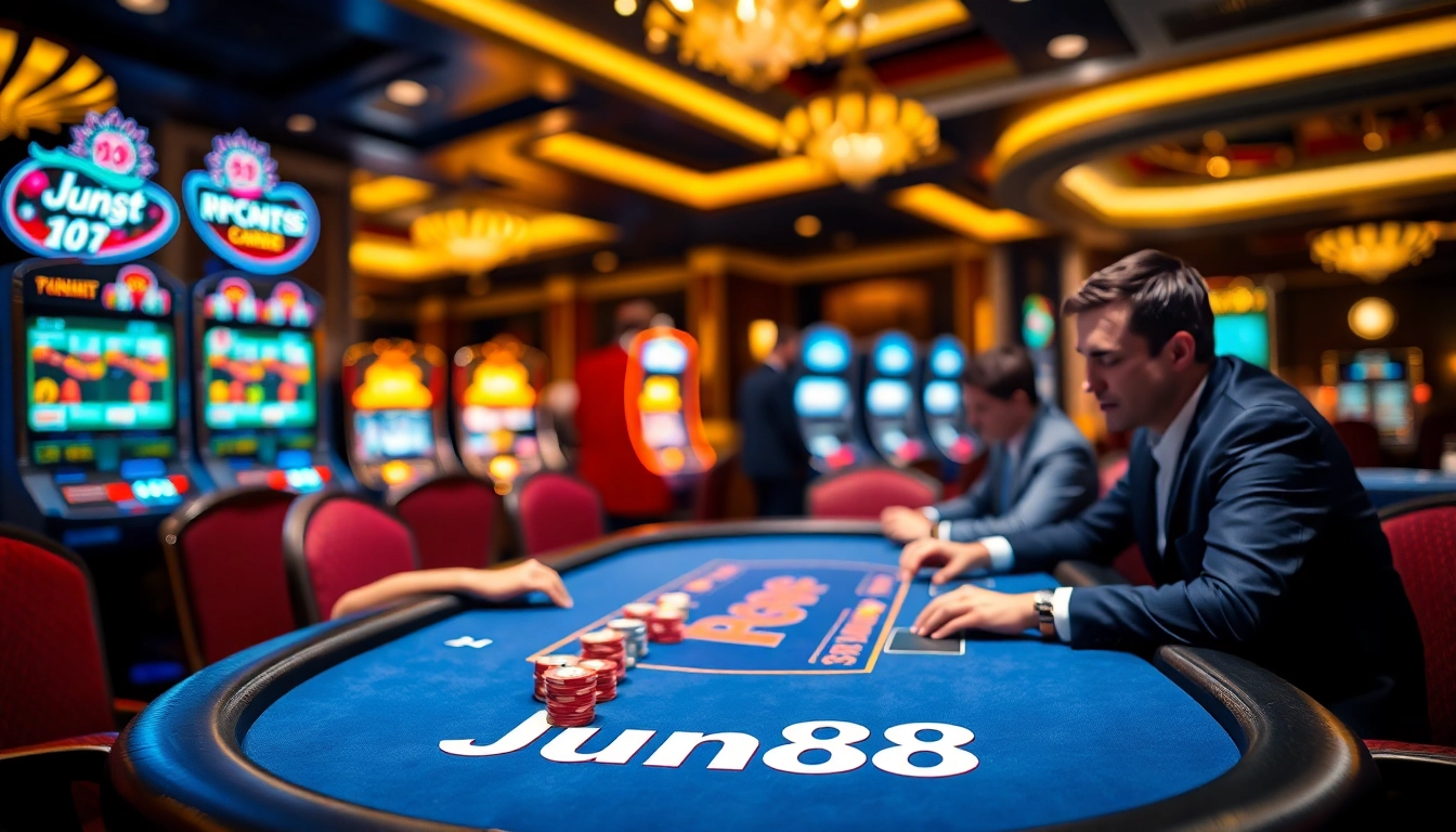 Experience the thrill of Jun88 with vibrant poker tables and exciting casino atmospheres.