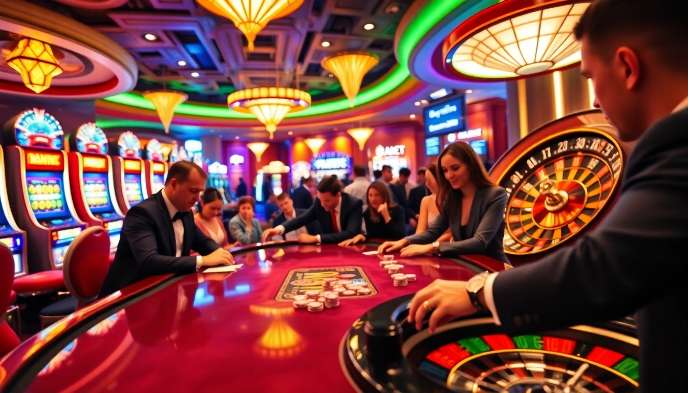 Engaged players at a haywin-themed poker table amidst an upscale casino atmosphere.