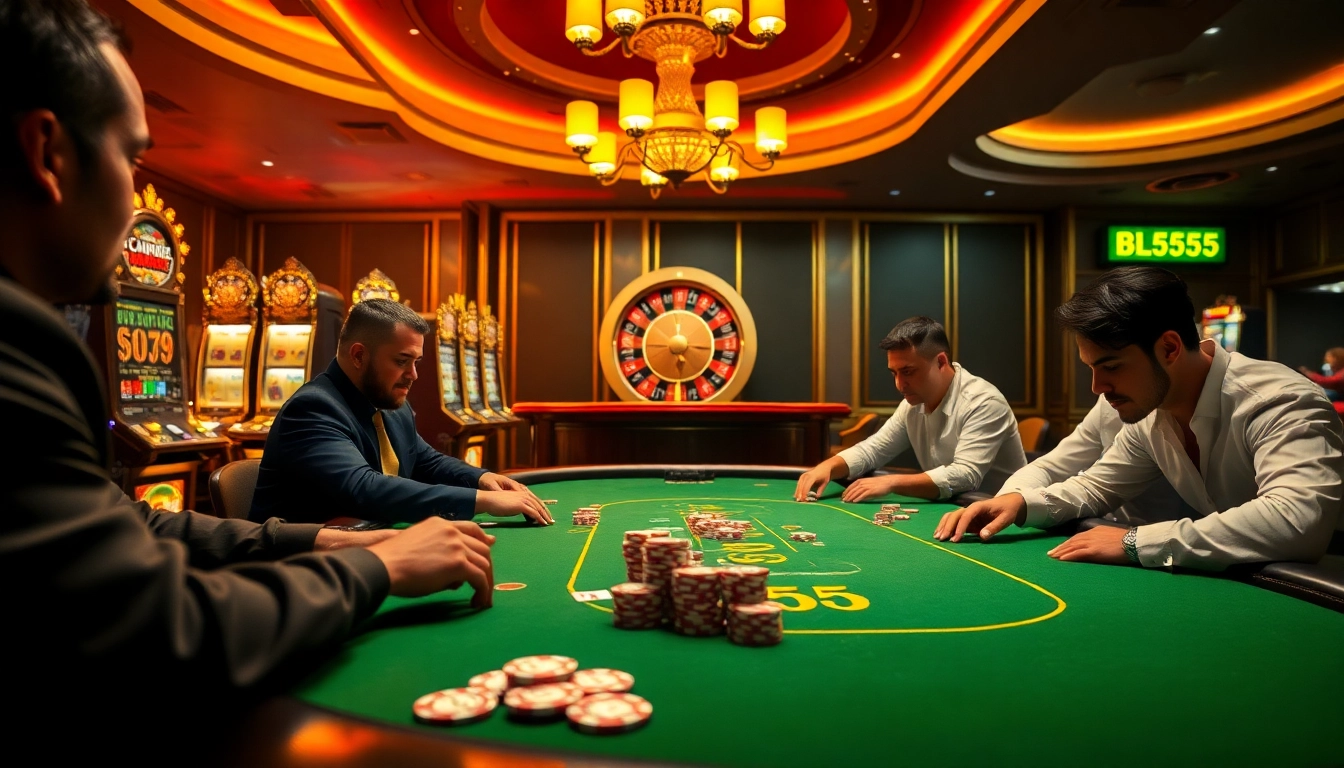 Exciting poker scene at BL555 casino showcasing players, cards, and vibrant slot machines.
