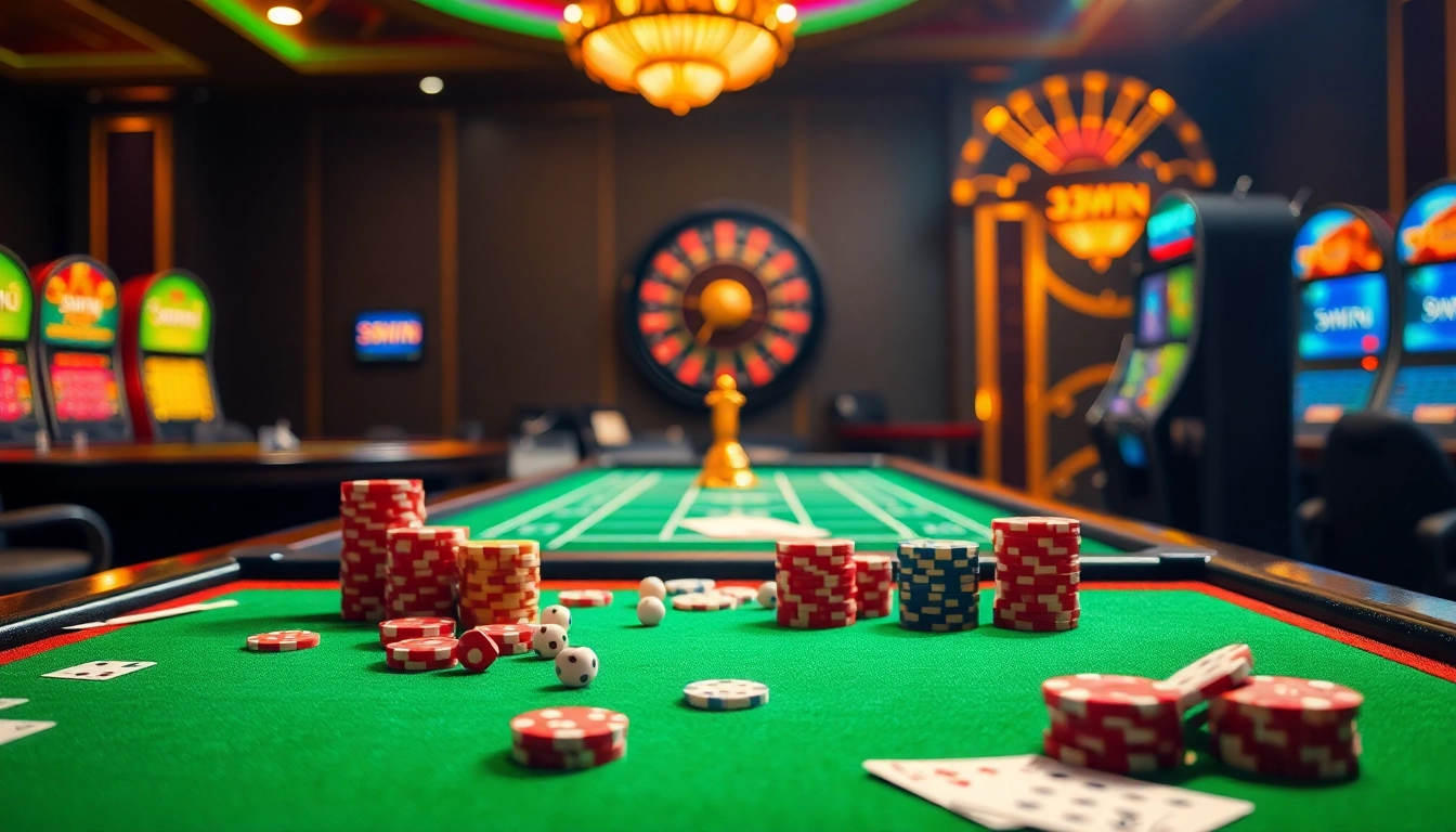Experience the thrill of gambling with 33WIN at a luxurious casino featuring vibrant tables and stunning slot machines.