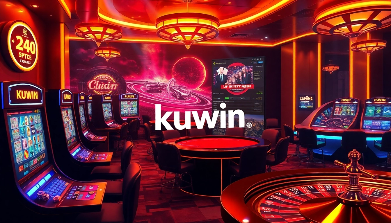 Experience the excitement of kuwin with vibrant casino elements like poker tables and slot machines.