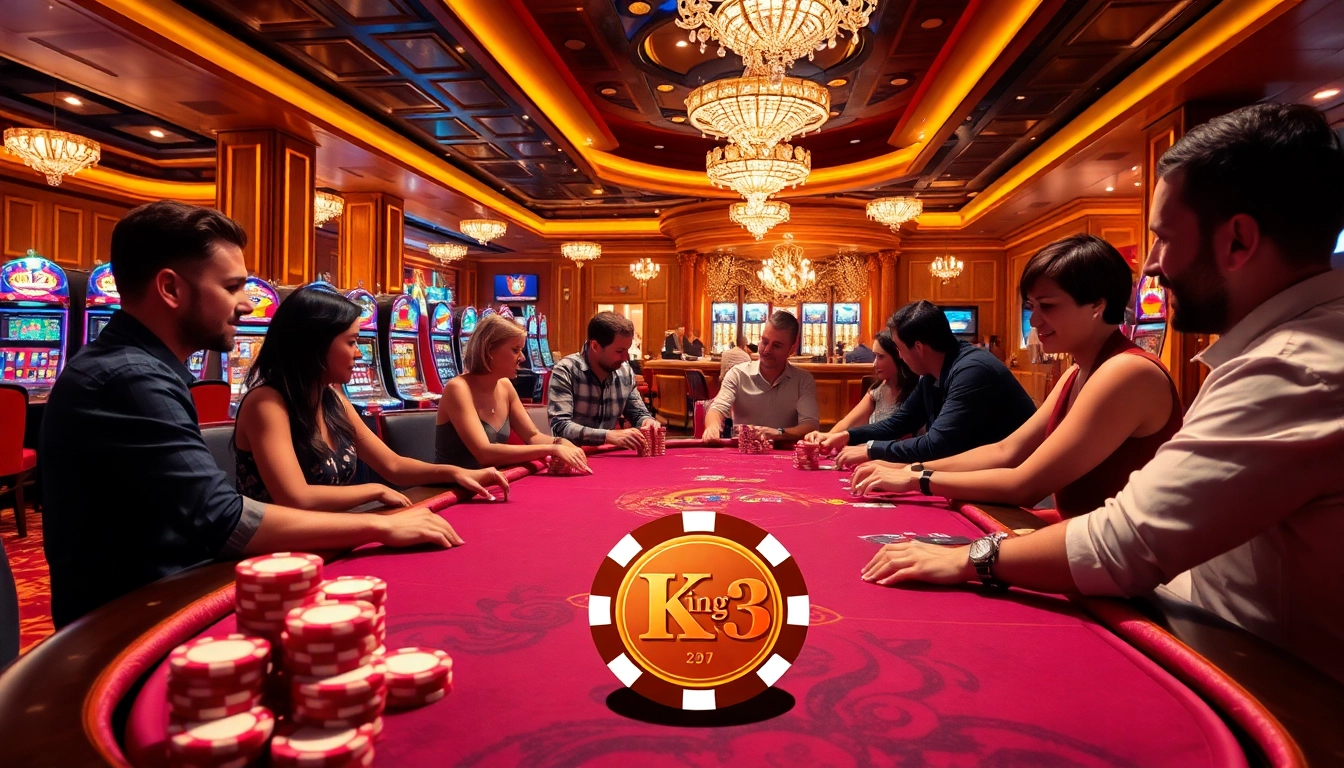 Engaged players competing at the king33 poker table in a lively casino environment.