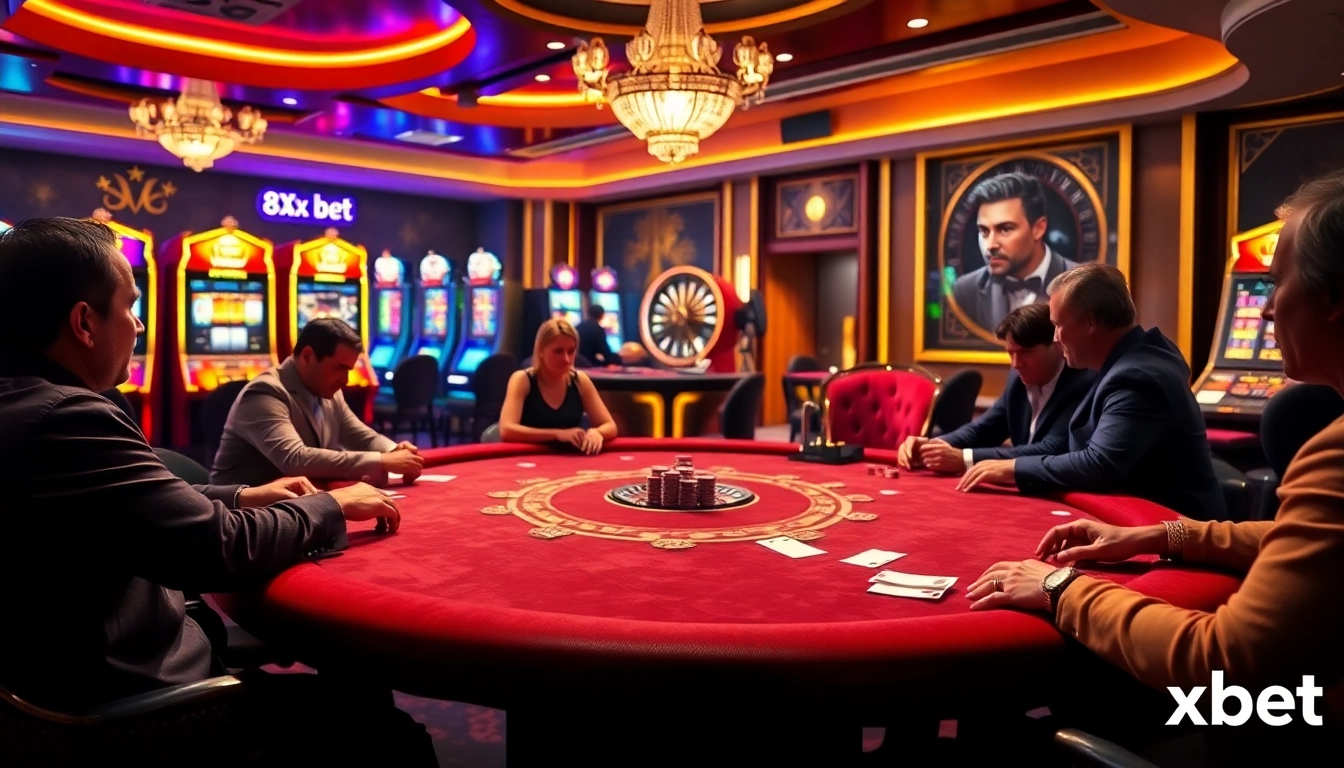 Players strategize at a high-stakes poker table in a luxurious 8xbet casino atmosphere.