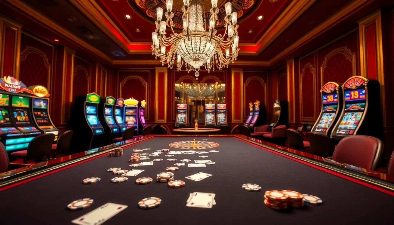 Experience high-stakes gaming with febet at a luxurious casino table filled with cards and chips.