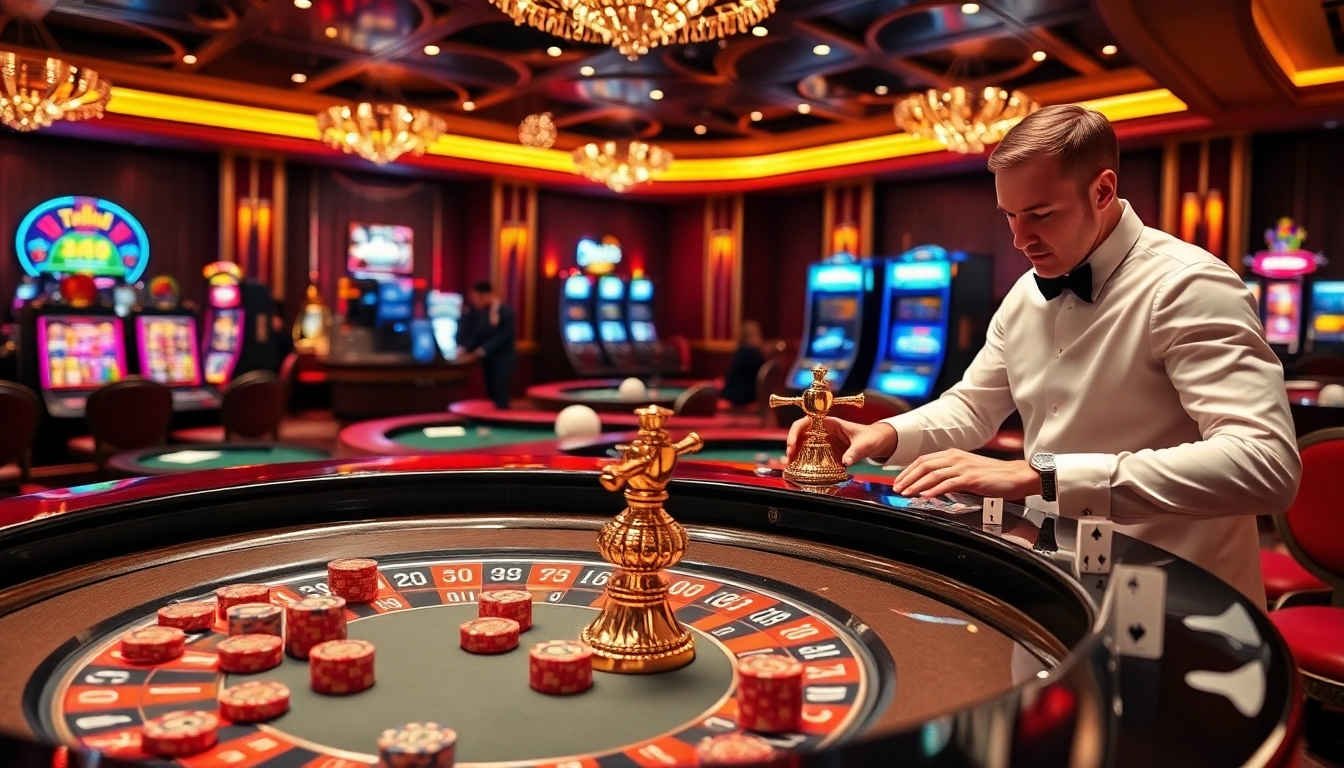 RR88 casino scene featuring an exciting roulette table and poker cards in a luxurious ambiance.
