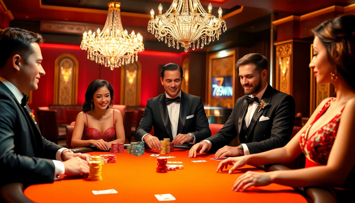 Captivating poker scene at 789WIN casino, showcasing high-stakes excitement and strategy among players.