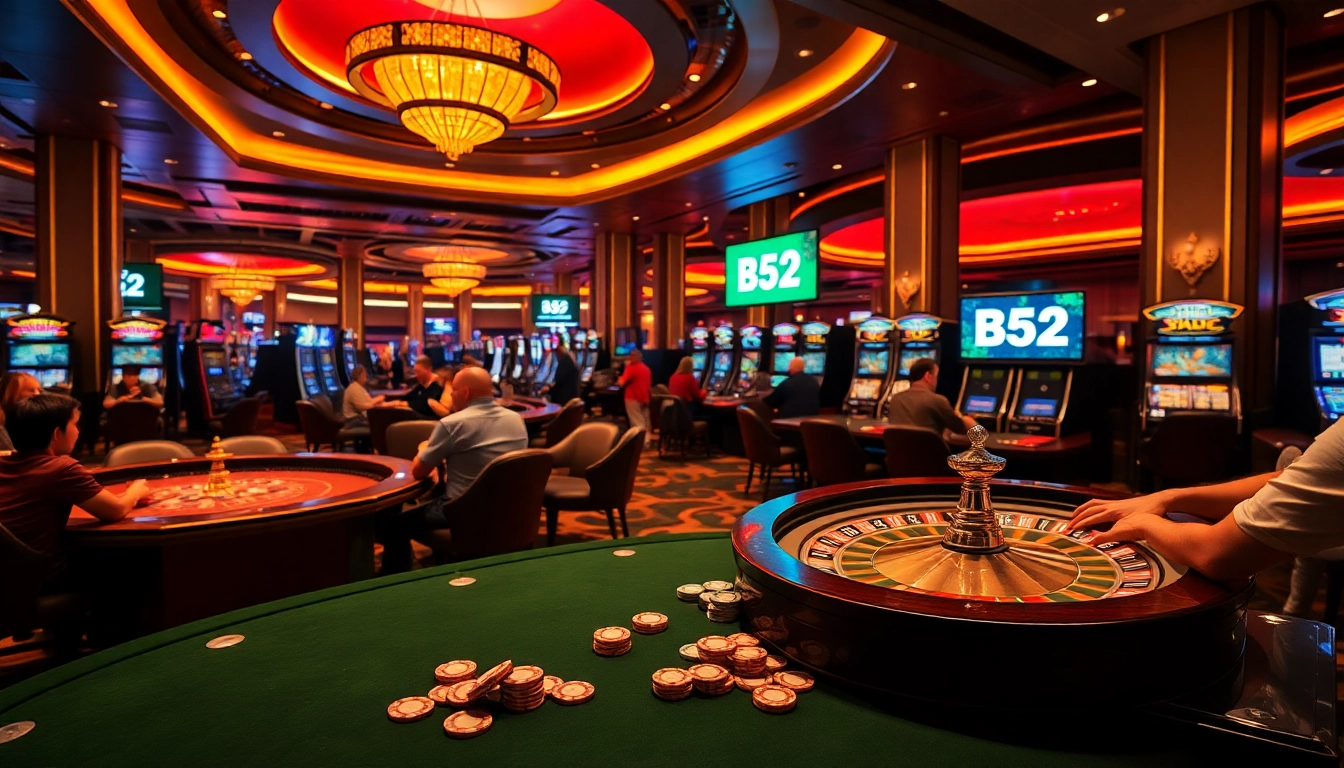 Players at luxury B52 casino tables rolling dice and engaging in high-stakes games.