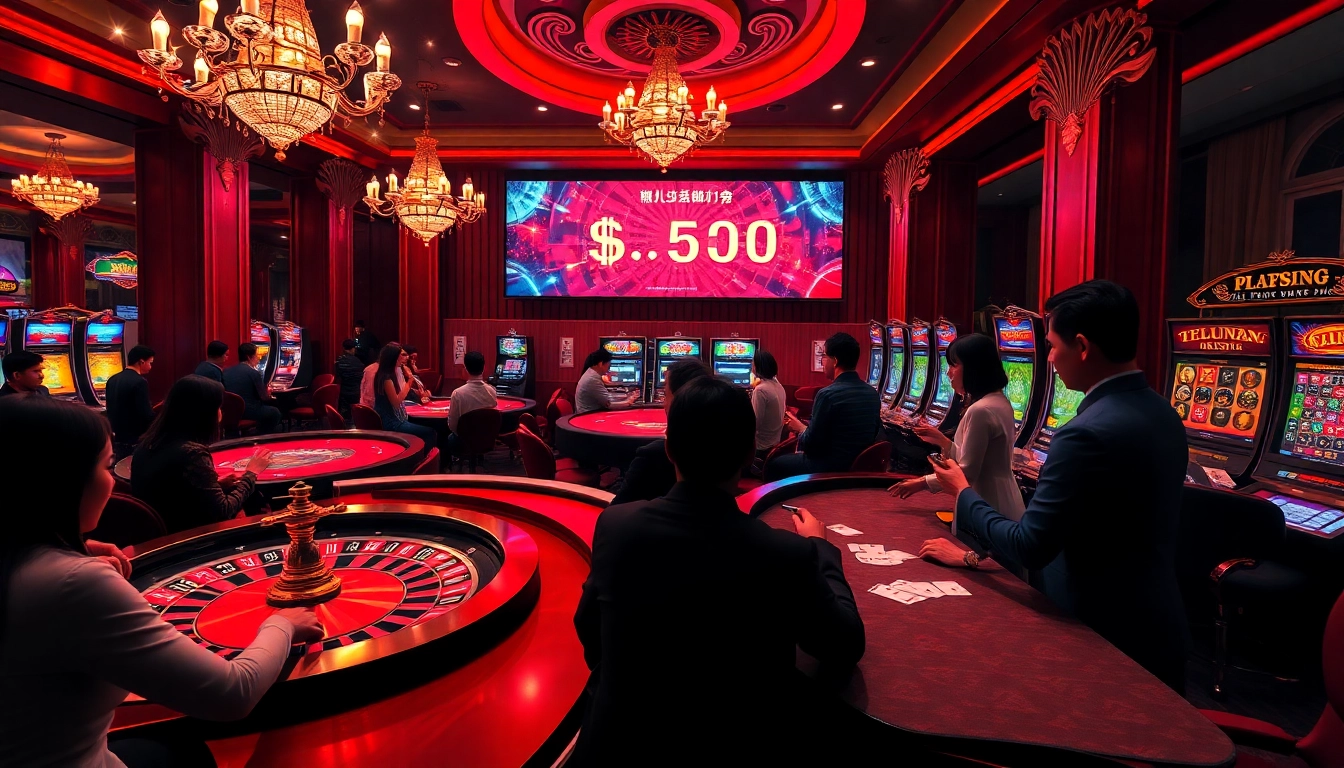 Showing a lively casino scene with "keluaran china" results displayed prominently on a digital screen while players engage in various games.
